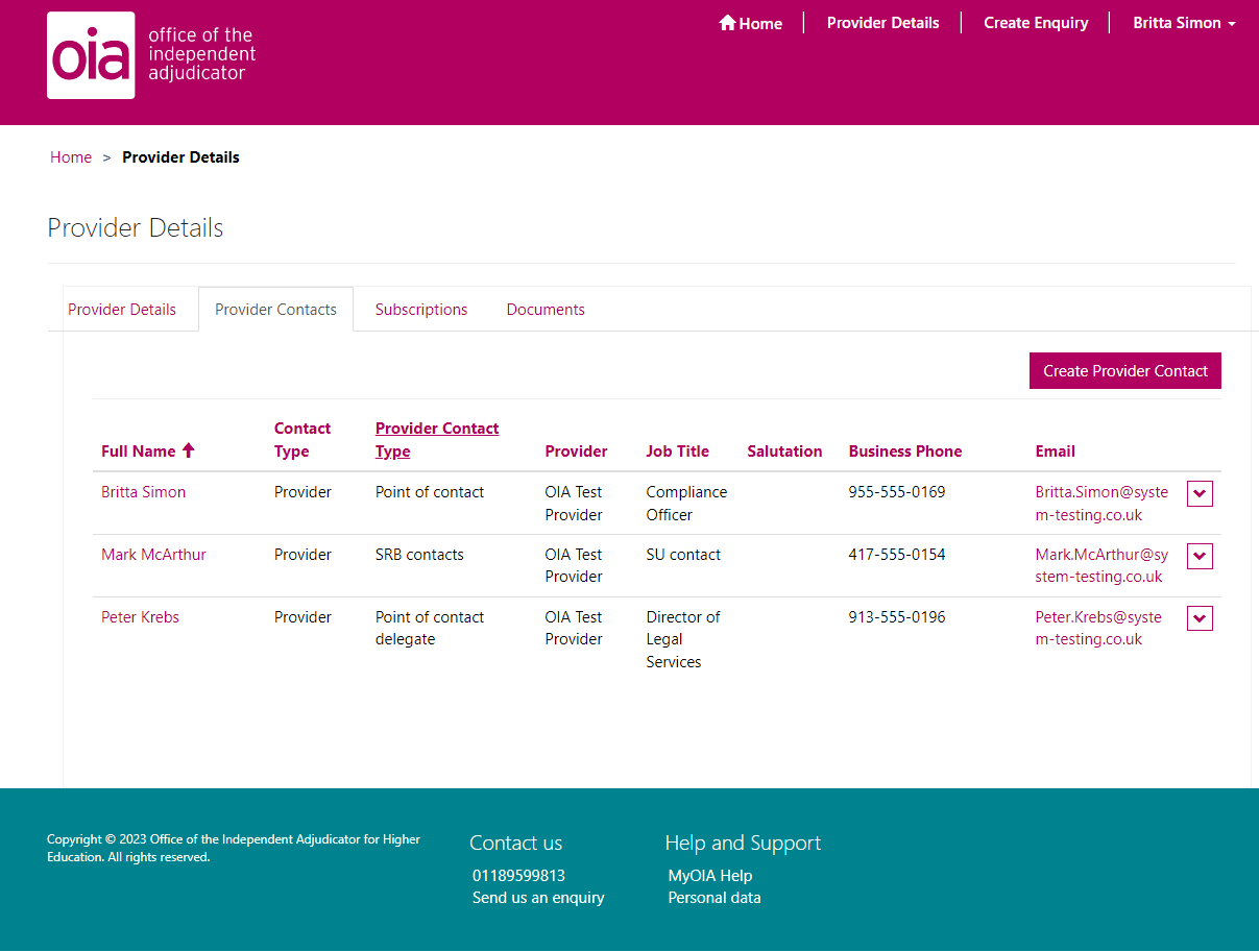 Screenshot of the Point of Contact view of the MyOIA summary page.