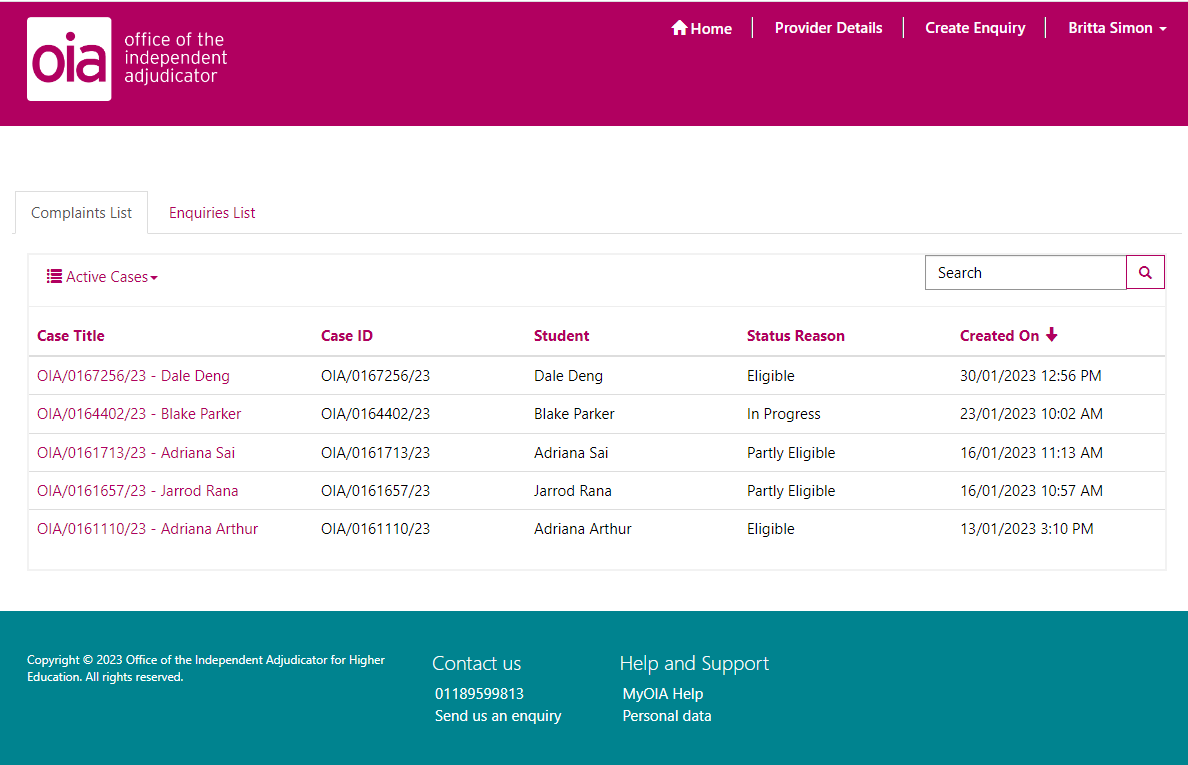 Screenshot of the Point of Contact view of their complaints.